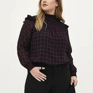 Torrid SMOCKED NECK BLOUSE - CRINKLE CHIFFON PLAID BLACK Size 1